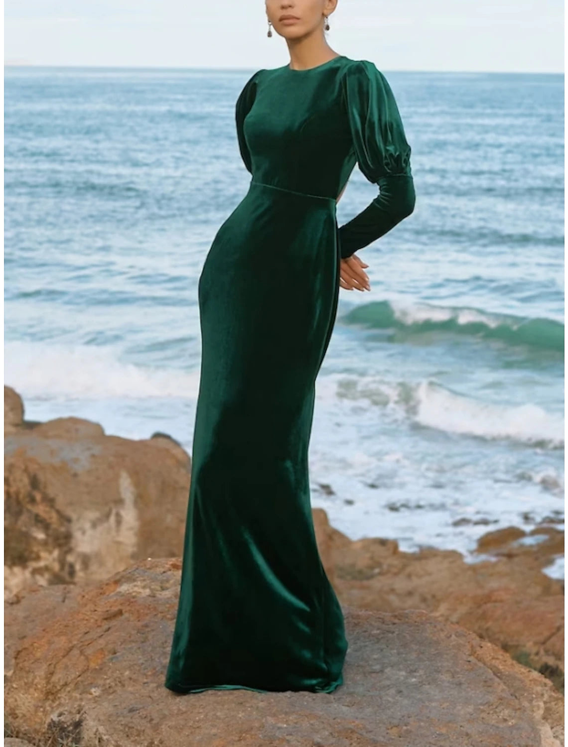 A-Line Evening Gown Backless Dress Formal Fall Floor Length Long Sleeve Jewel Neck Velvet with Ruched